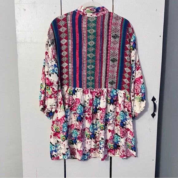 Umgee Multicolor Floral Lightweight 3/4 Sleeve Tunic Top Bohemian Floral Dress M - Picture 4 of 10